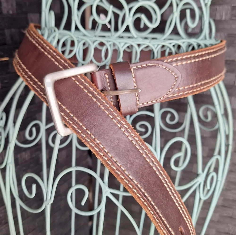 Genuine Leather Belt Wide Western Cowboy Metal Belt Buckle Thick Boho Casual 34 - Picture 4 of 15